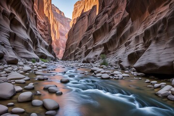 "A tranquil river flowing through a rocky canyon, where the water’s steady flow creates rhythmic patterns in the smooth stones below. The canyon walls rise high on either side