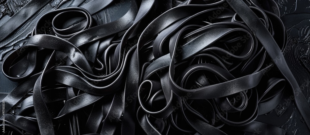Poster black spaghetti pasta with squid ink or cuttlefish flavor presented in a way that enhances the overa
