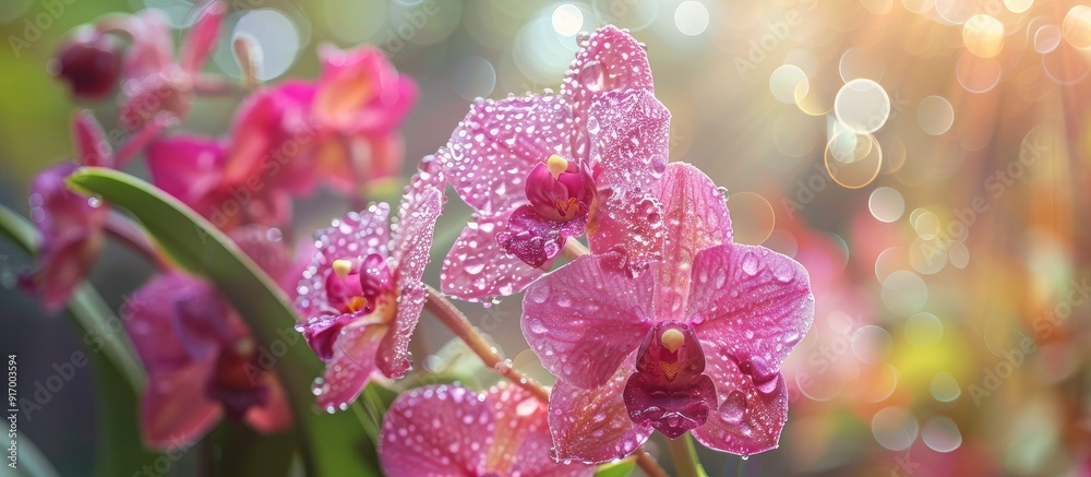 Poster Dendrobium orchid with dew drops in a garden setting creating a visually captivating scene with a copy space image