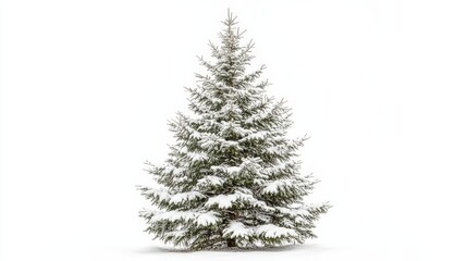 A snow-covered evergreen tree stands alone against a white background.