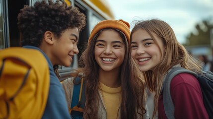 Obraz premium Group of mixed race multiethnic students pupils schoolchildren communicating talking after summer holidays next to the school bus discussing new educational semester year : Generative AI