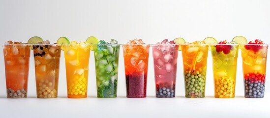 Fototapeta premium Colorful and flavorful iced boba drinks with a variety of options and available copy space image