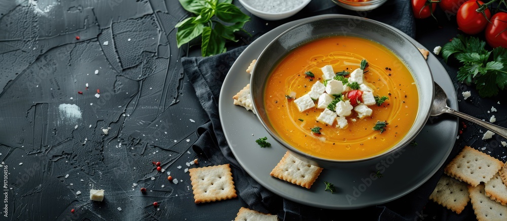 Poster butternut soup served with crackers feta cheese and vegetables on a plate with copy space image