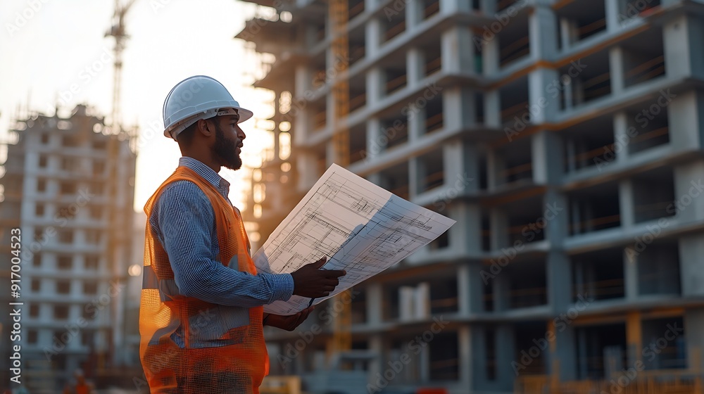 Poster Engineers work on construction drawings and safety systemsBuilding construction puts safety first : Generative AI