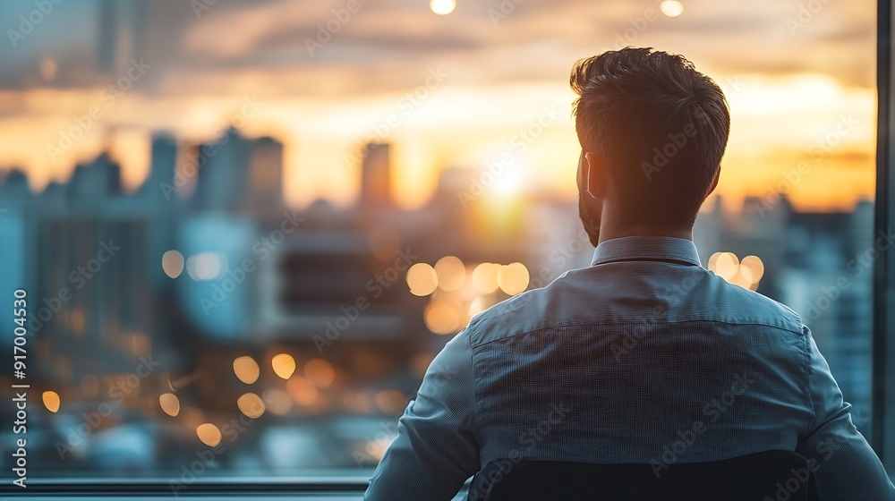 Aufkleber Thinking corporate and back of businessman by window for ideas solution and insight for company growth Professional office and person for problem solving brainstorming decision and ref : Generative AI