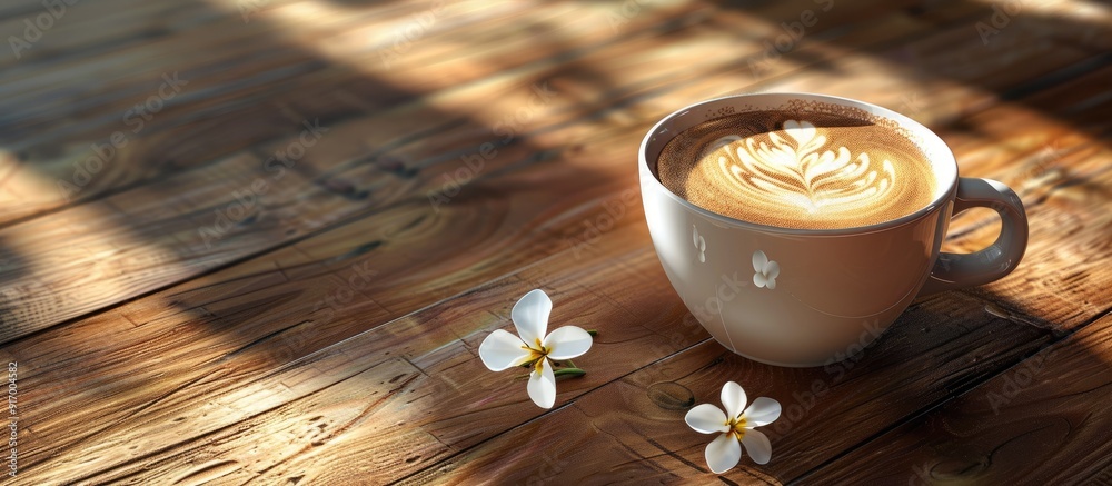 Leinwandbilder cappuccino coffee cup displaying a delicate flower latte art design atop a wooden table with a compl