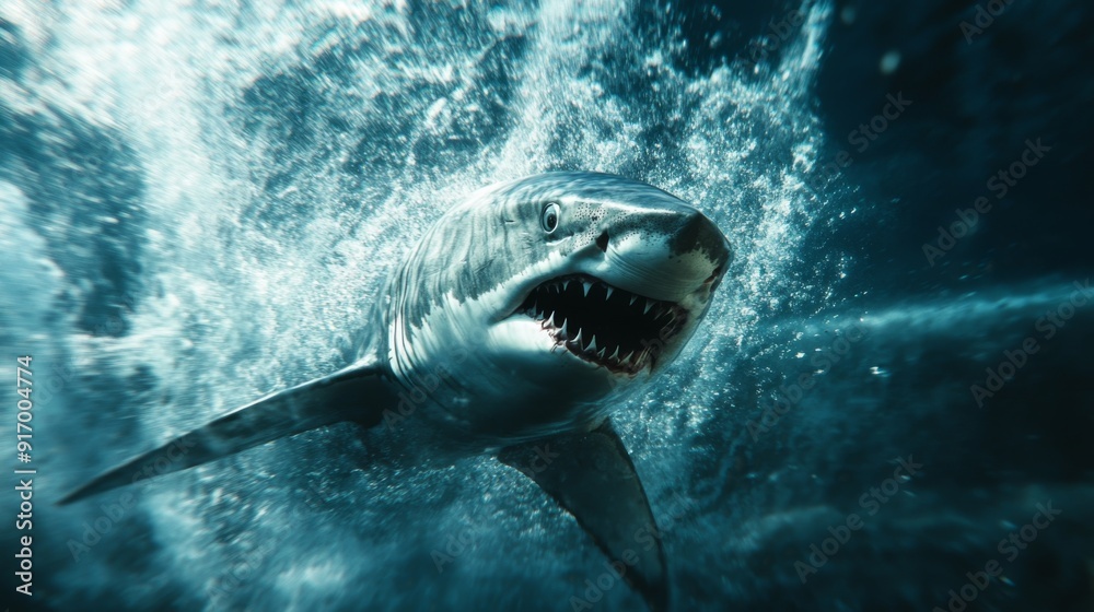 Poster an action shot of a predatory shark in mid-swim, with an intense focus and powerful movement in the 