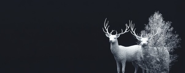 Obraz premium A white deer with large antlers stands in front of a dark background.