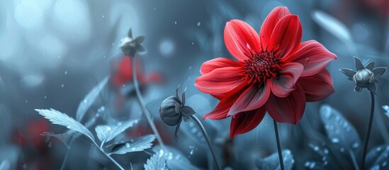 Obraz premium A striking red flower in the garden grabs attention with its delicate petals and robust stem providing an eye catching copy space image