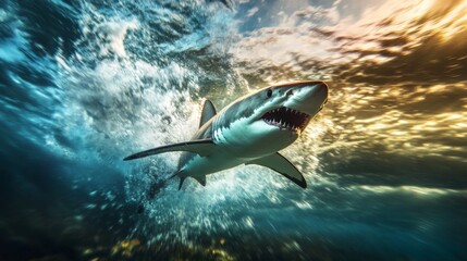 Fototapeta premium An action-packed underwater photo of a fierce shark in pursuit, showcasing its speed and predatory nature.