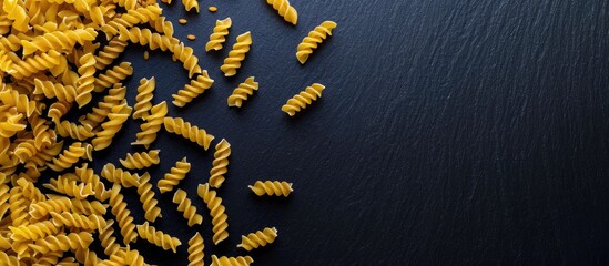 A handful of tiny pasta on a shiny black surface in a top view shot for a background with copy space image