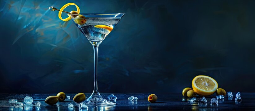 A traditional martini garnished with green olives and lemon displayed against a dark backdrop with a soft blue glow featuring ample copy space image