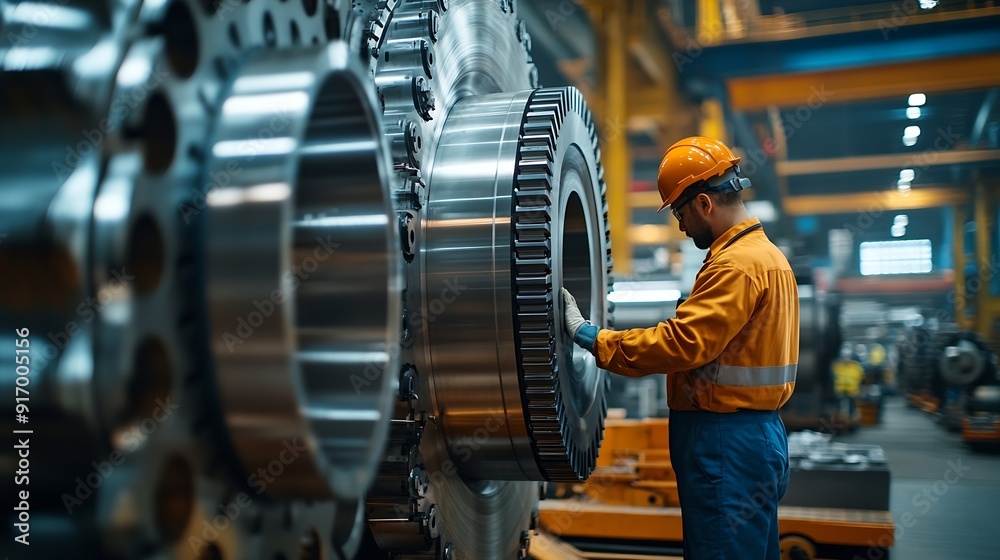 Poster factory workers are inspecting the quality of large machines in an industrial plant engineer workers