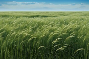 "A serene field of tall grass, where the wind creates rhythmic waves that move across the landscape like the surface of a green ocean. 