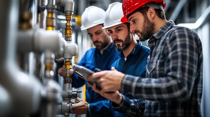 Group of technicians inspecting the plumbing Equipment maintenance : Generative AI