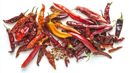 An assortment of fresh and dried chili peppers on a white background, highlighting their vibrant colors and textures.
