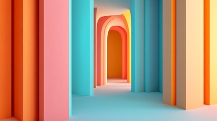 Fototapeta premium Abstract colorful hallway with arched doorways and vibrant walls.