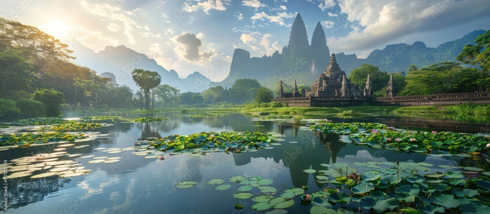 Poster scenic temple surrounded by beautiful natural landscape with copy space image