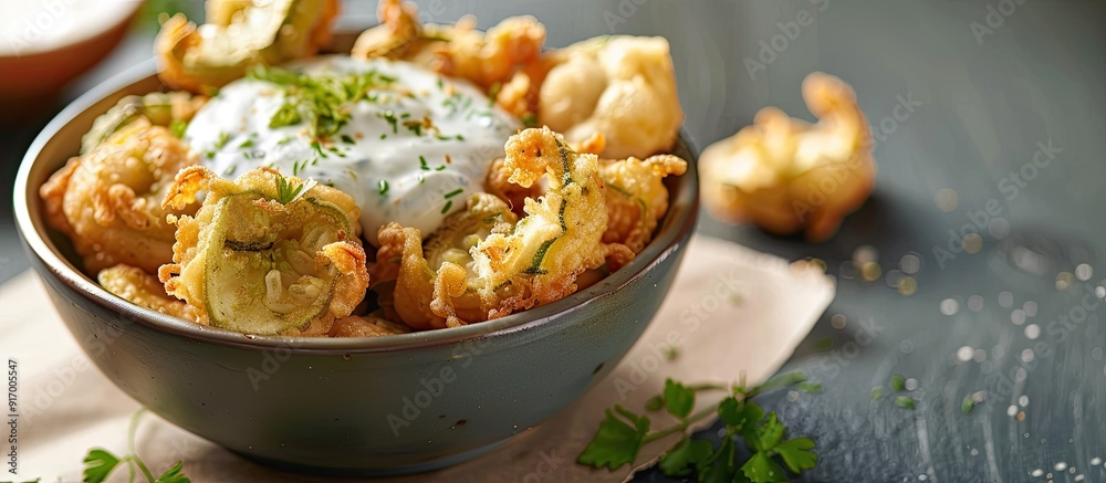 Poster Delicious fried okra tempura topped with a refreshing yogurt sauce perfect for a healthy snack with copy space image