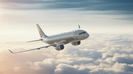 Obraz premium Commercial airplane flying above clouds in the blue sky.