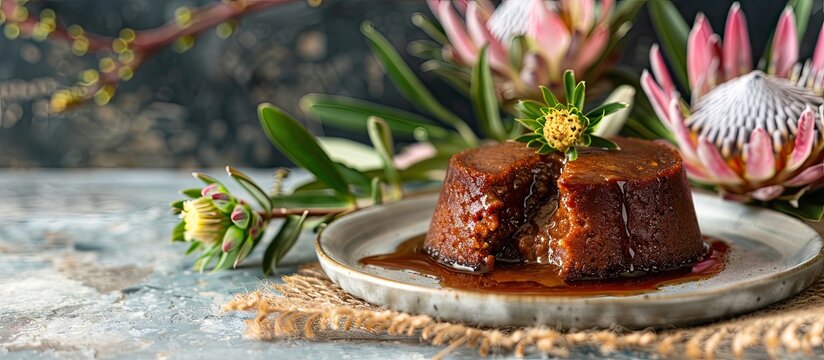 South African Malva pudding with a bite taken displayed on a plate with burlap Protea flowers in the background allowing for copy space image