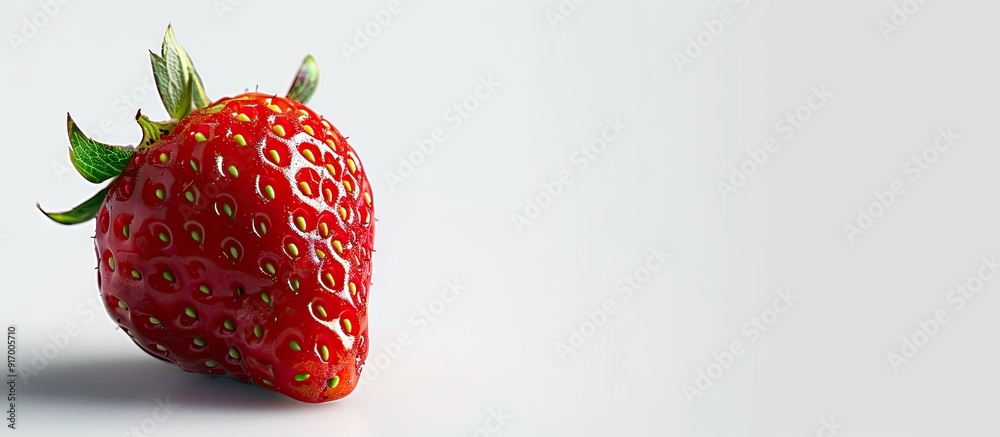 Poster close up of a ripe strawberry on a white background representing a natural spring delicacy with copy