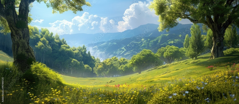 Poster Hillside with trees providing a scenic view with a vast copy space image