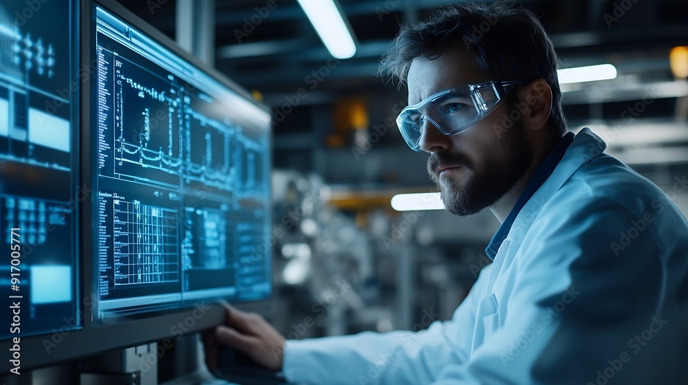 Poster Professional engineering Industry 40 Modern Factory Project Engineer Operator who Controls Facility Production Line Uses Computer with Screens Showing AI Machine Learning Enhanced Asse : Generative AI