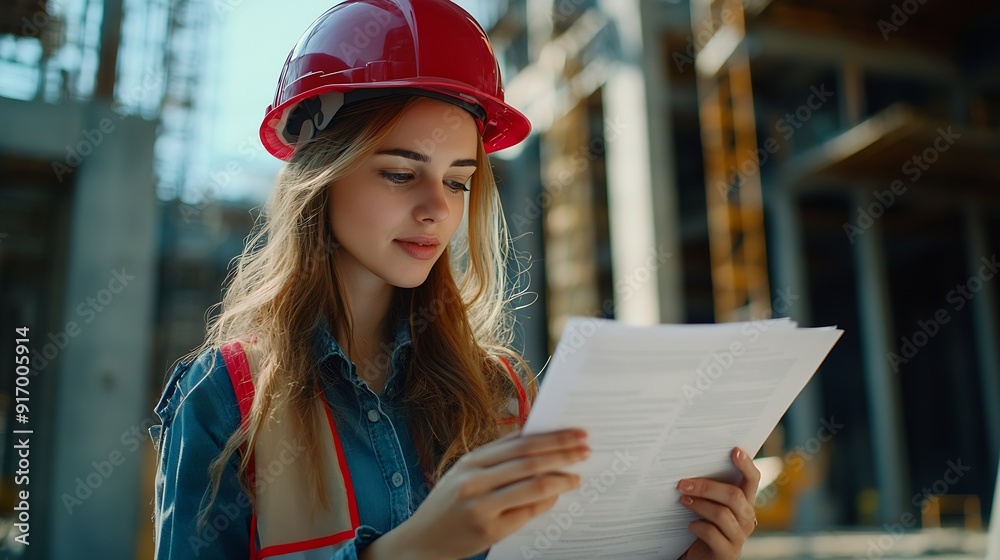 Poster young cropped unrecognizable woman in hardhat and engineer vest reading documents while standing on 