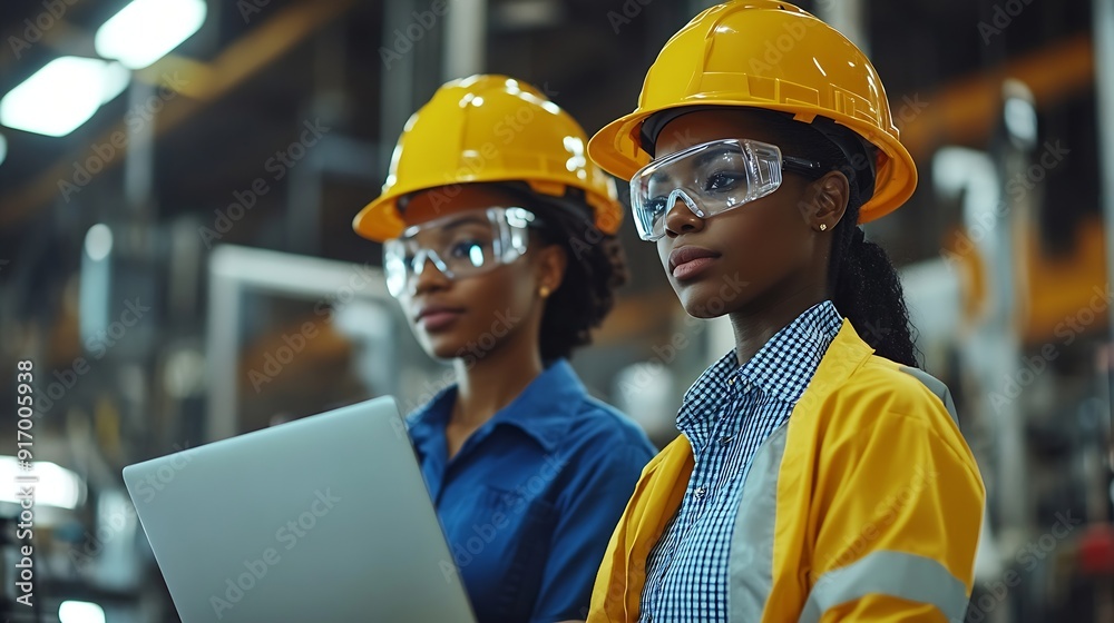 Poster two female heavy industry employees in hard hats at factory discussing job assignments at industrial