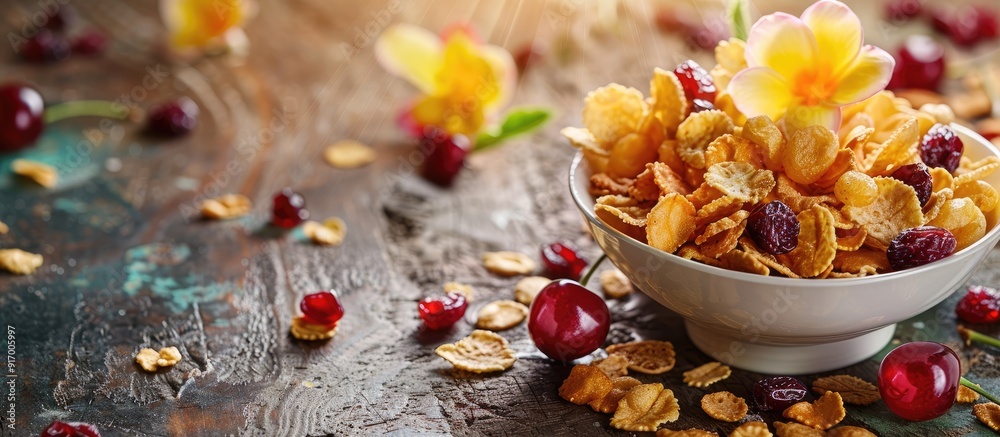 Poster cornflakes with various toppings like flowers caramel cherries raisins and dried fruits displayed on