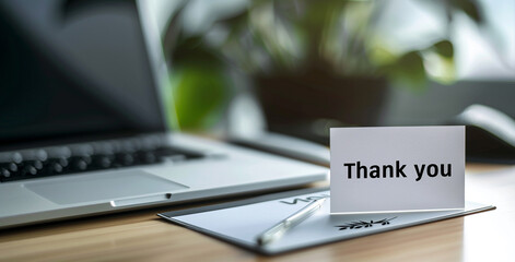 Thank you text lying next to laptop on office desk.
