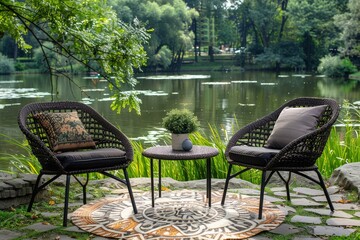 Obraz premium Black rattan 3-piece patio furniture set with two chairs and end table, placed on a brown area rug, near a water body with green grass, bright sunny day, natural lighting.