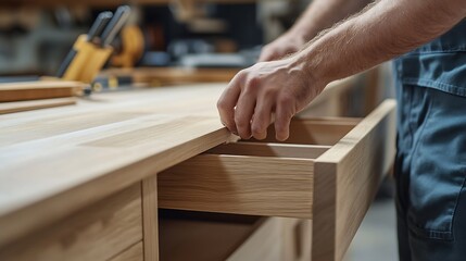 Professional Caucasian Cabinetmaker Fitting Kitchen Furniture Drawer : Generative AI