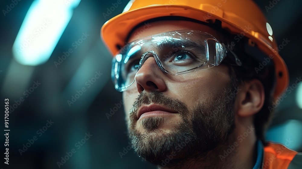 Poster construction worker thinking serious man with ideas and architect or engineer in building industry o