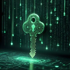 A digital key with intricate designs floating over a green matrix background, with glowing binary code cascading down, representing encryption technology's impact on data protection and cybersecurity.