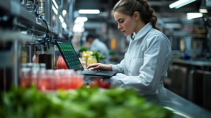 Food and Drink factory worker working together with hygiene monitor control mix ingredients machine with laptop computer : Generative AI