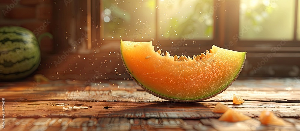Aufkleber Fresh slice of sweet cantaloupe melon on a wooden table in a close up shot with selective focus ideal for a copy space image
