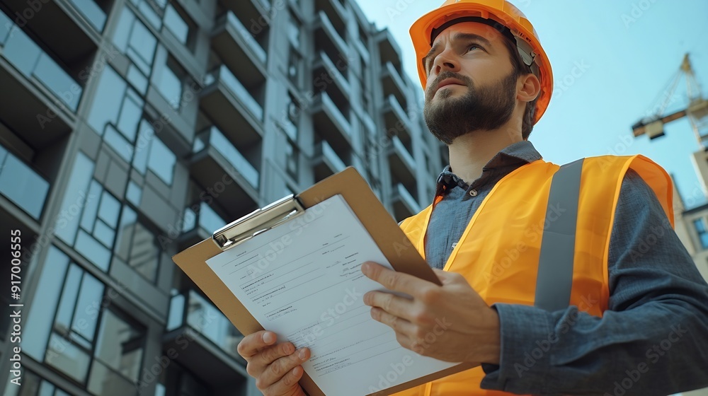 Poster Construction portrait man and architect with clipboard for building inspection and project management with ppe safety Engineer guy paper or checklist in city for property maintenance o : Generative AI