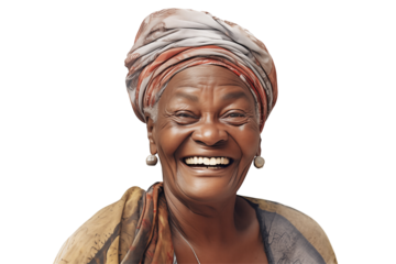 African elderly woman smiling on transparent background. Subjects related to old age. Afro american. Transparent background png cutouts. Retirement home. African country.