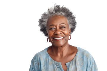 African elderly woman smiling on transparent background. Subjects related to old age. Afro american. Transparent background png cutouts. Retirement home. African country.