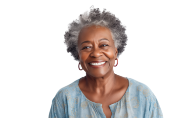 African elderly woman smiling on transparent background. Subjects related to old age. Afro american. Transparent background png cutouts. Retirement home. African country.