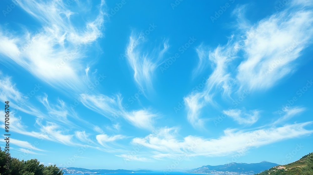 Poster Beautiful blue sky with strange shape of clouds in the morning or evening is used as natural background texture in decorative art work : Generative AI