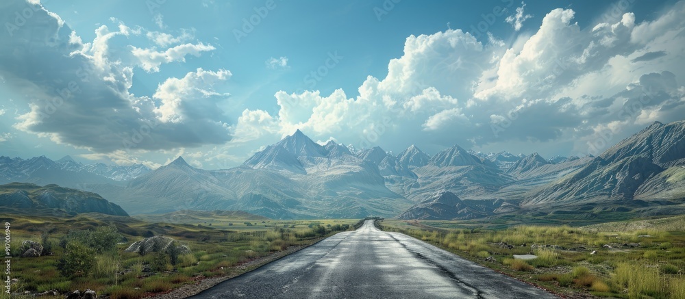 Aufkleber mountainous landscape with an asphalt road leading through set against a scenic sky backdrop perfect