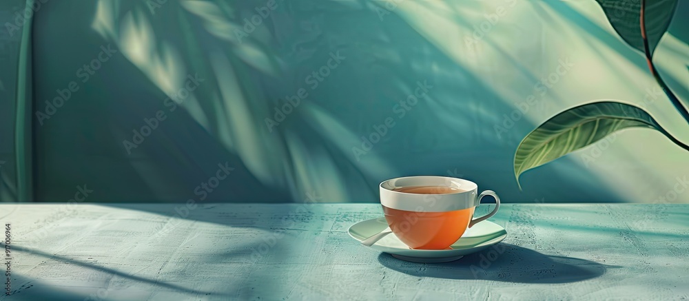 Aufkleber a cup of tea sits on a table with a green backdrop providing a serene atmosphere for a copy space im