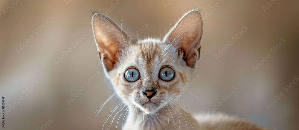 Poster adorable oriental breed kitten featuring large ears on a copy space image