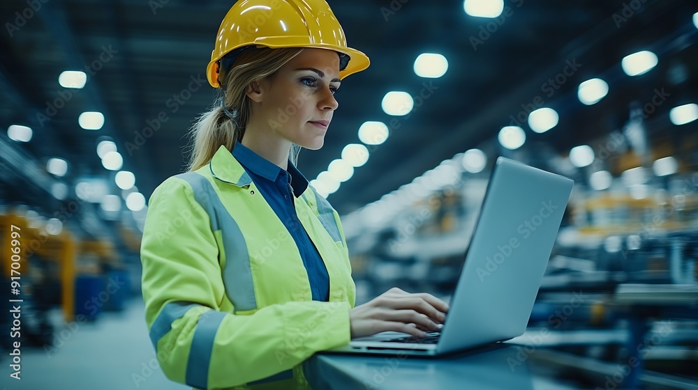 Aufkleber Female engineer using laptop computer for safety control checks or manufacturing maintenance work in factory building or construction site woman engineer inspector working in industry  : Generative AI