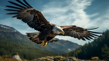 Bald Eagle in flight with mountains in the background at sunset.