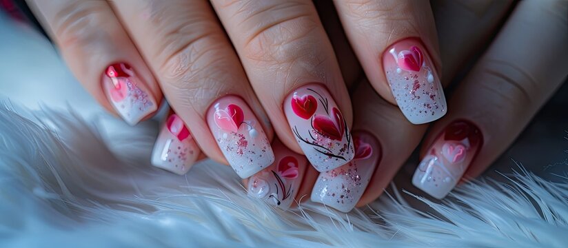 A woman with squoval nails crafted in a nail salon is showcasing Valentine s Day themed nail art on her hands featuring a pretty pink design shown during the acrylic manicure process with copy space