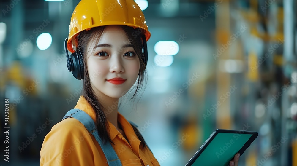 Aufkleber pretty factory worker woman use walkie talkie to contact with team or coworker and also hold tablet 